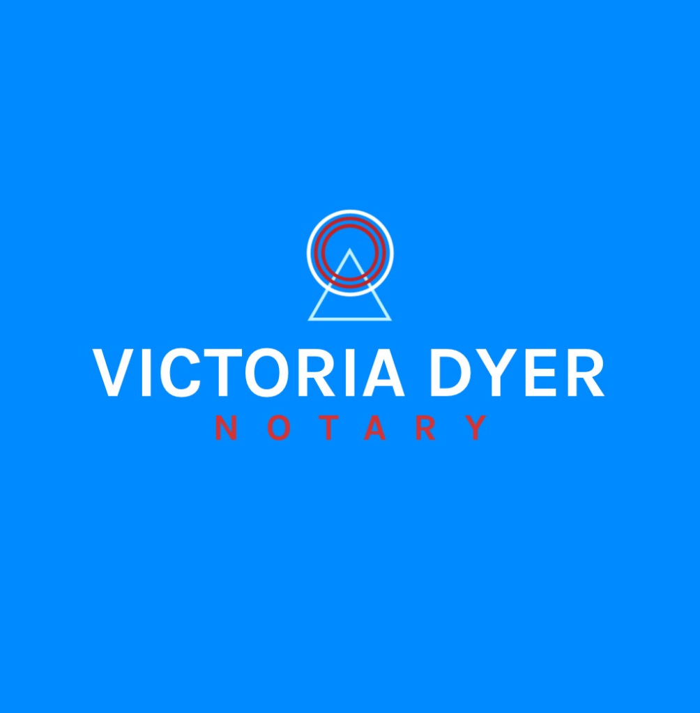 Victoria Dyer Notary logo with a bright blue colored background, white and red lettering and a circle and triangle shape.