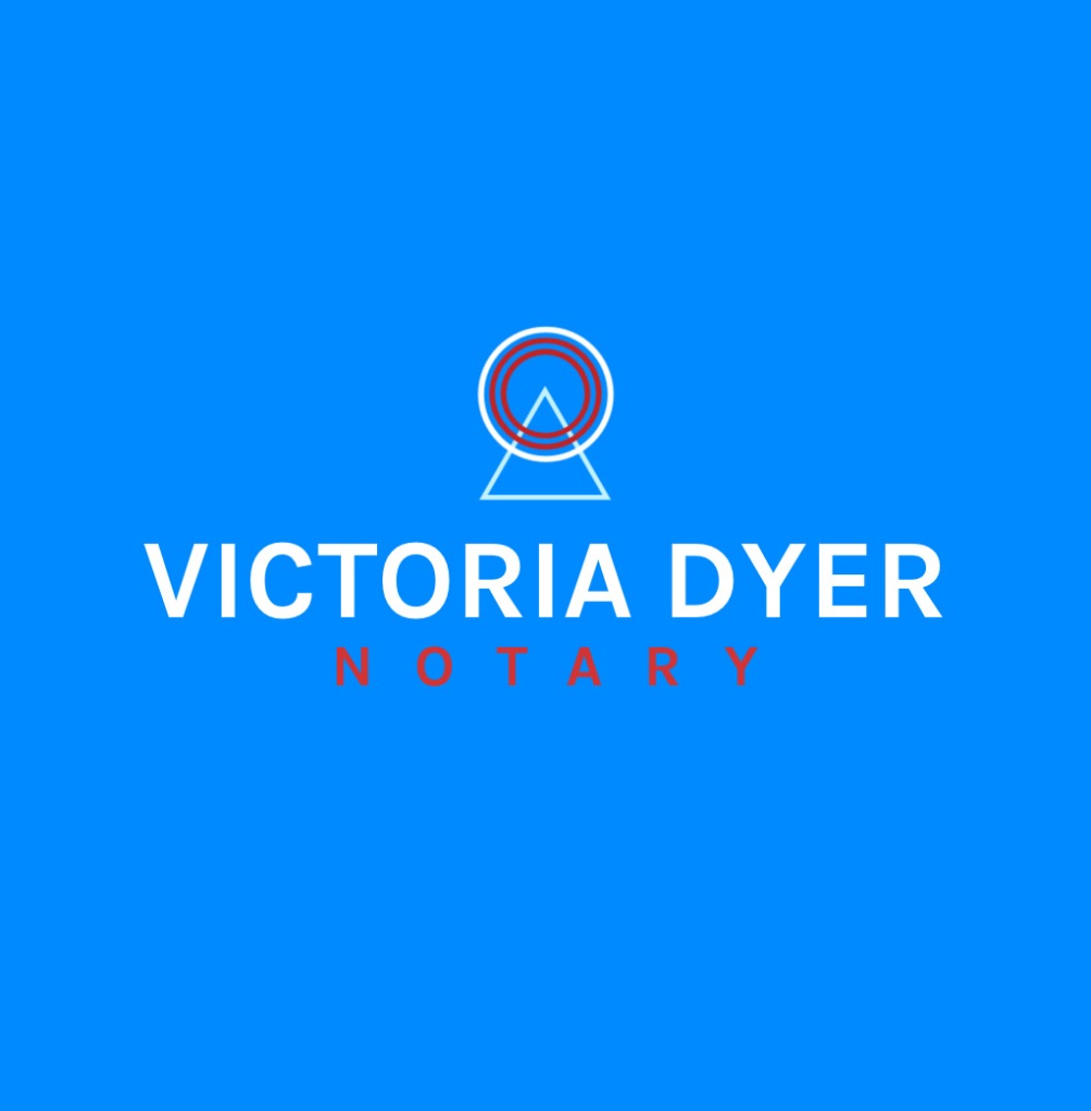 Victoria Dyer Notary logo with a bright blue colored background, white and red lettering and a circle and triangle shape.